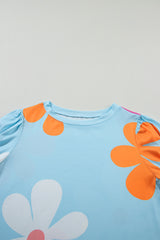 Sky Blue Colorful Flower Print Bubble Sleeve Tee