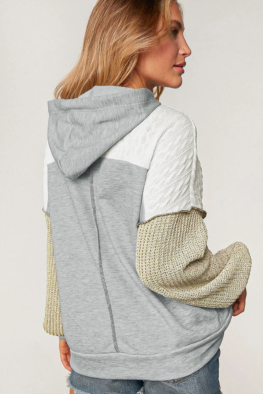 Grey Color Block Exposed Seam Pullover Hoodie for Women