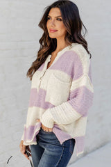 Pink Striped Long Sleeve Henley Knit Sweater with Slits