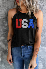 Black Sequin USA Letter Graphic Tank Top