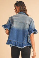 Peacock Blue Raw Edge Bell Short Sleeve Denim Jacket