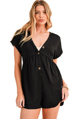 Black V Neck Buttons Loose Cuffed Short Sleeve Romper