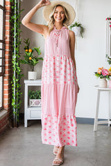 Pink Abstract Print Patchwork Sleeveless V Neck Tiered Dress