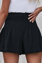 Black Basic Smocked High Waist Ruffle Shorts