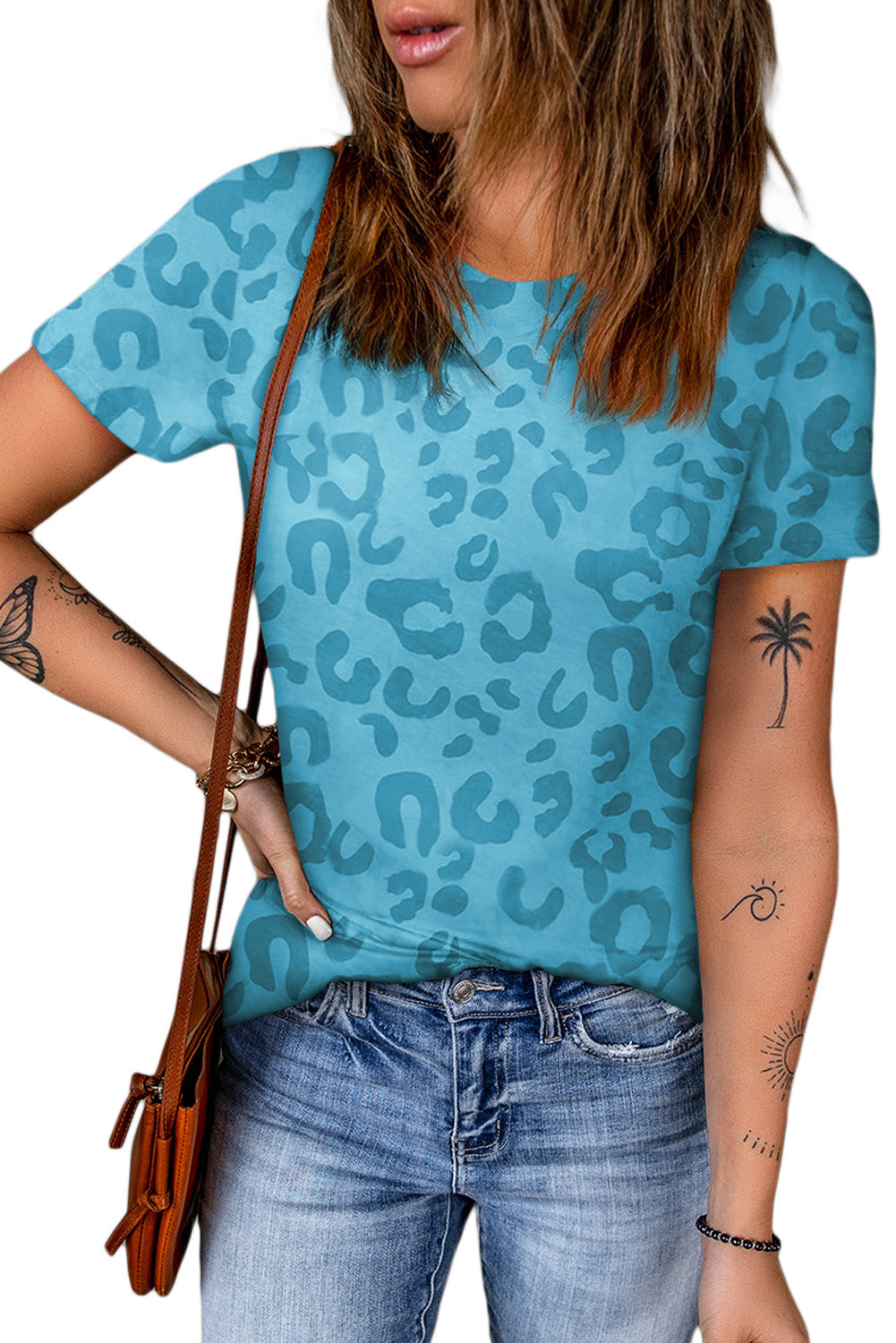 Sky Blue Casual Leopard Crew Neck Short Sleeve T Shirt