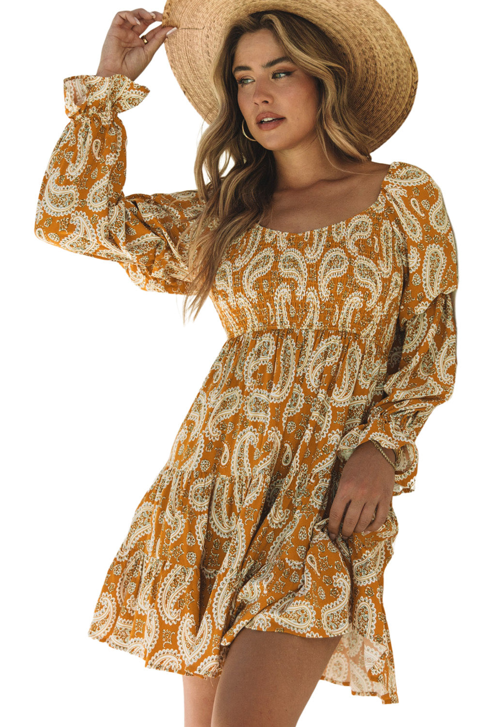 Yellow Boho Paisley Floral Print Long Sleeve Short Dress