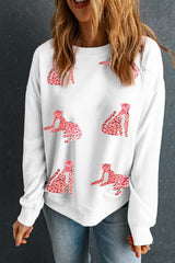 Beige Sequin Cheetah Graphic O Neck Drop Shoulder Sweatshirt