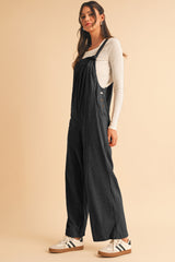 Black Plain Pocketed Loose Fit Corduroy Overalls