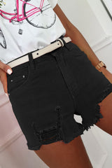 Black Solid Color Distressed Denim Shorts