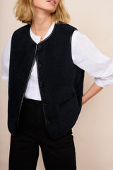 Black Leather Contrast Side Pockets Buttoned Fleece Vest