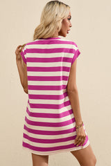 Rose Stripe Cap Sleeve Pocketed T-shirt Dress