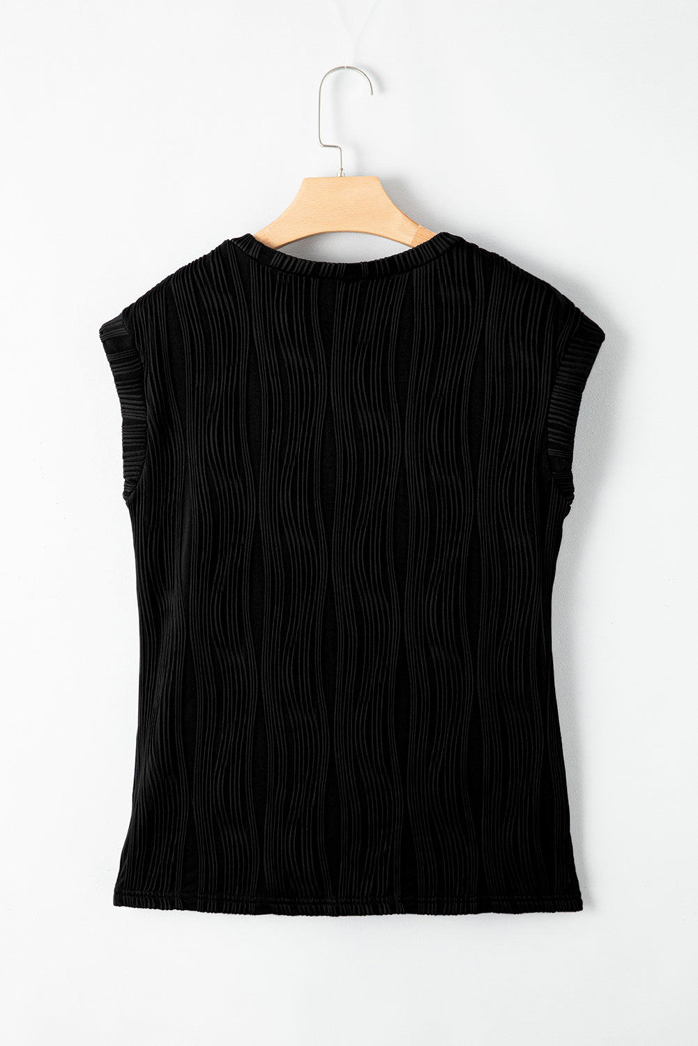 Black Solid Color Wavy Textured Cap Sleeve Top