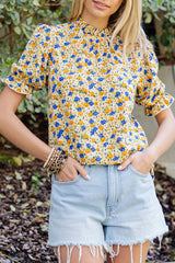 Yellow Floral Boho Frill Mock Neck Blouse