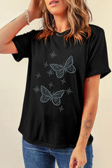 Black Glittering Rhinestone Butterfly Graphic T Shirt