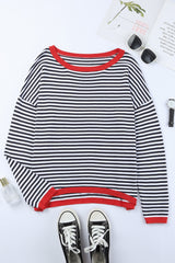 Striped Print Trim Drop Sleeve Knit Pullover Sweater