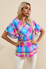 Sky Blue Colorful Plaid V Neck Ruffled Babydoll Blouse