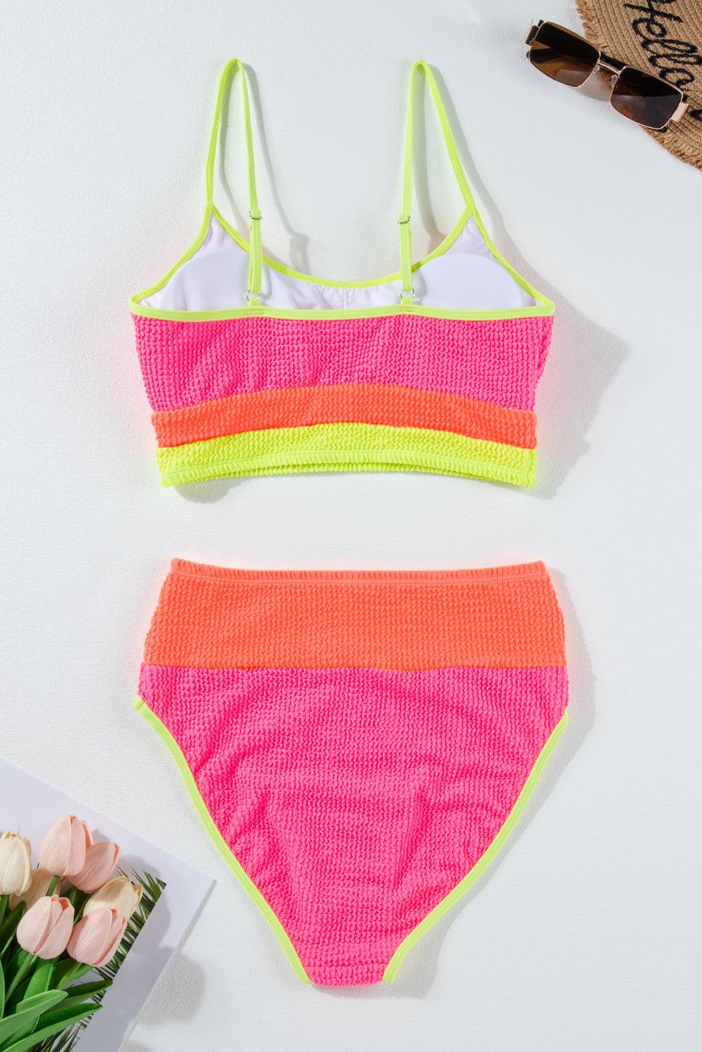 Bonbon Color Block Textured High Waist Sexy Bikini Set