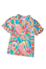 Multicolor Abstract Geometric Print Frilled V Neck Blouse