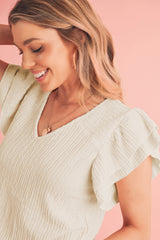 Apricot Plain Textured V Neck Layered Flutter Sleeve Blouse