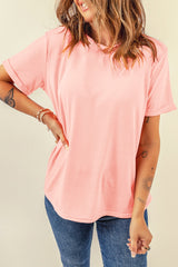 Pink Solid Color Basic Crew Neck Plain Tee