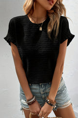 Black Solid Textured Frill Cuffs Short Sleeve Blouse