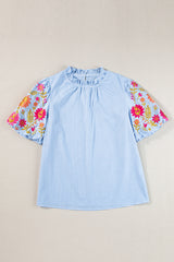 Light Blue Flower Embroidered Puff Sleeve Gingham Blouse