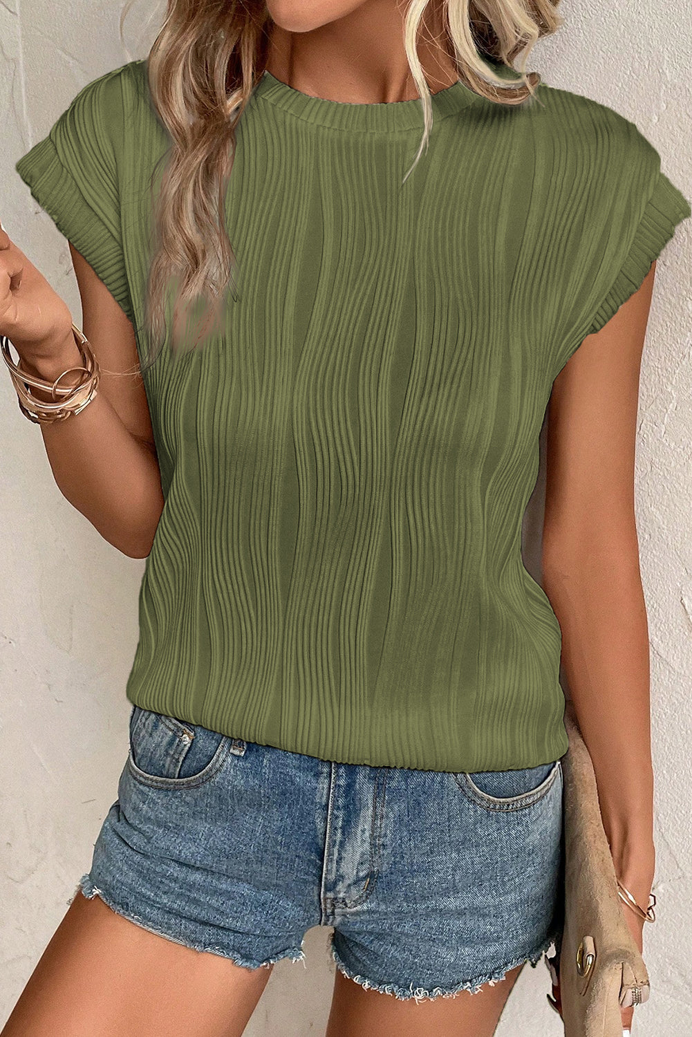 Jungle Green Wavy Textured Cap Sleeve Top