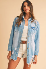 Beau Blue Light Wash Distressed Frayed Long Denim Jacket