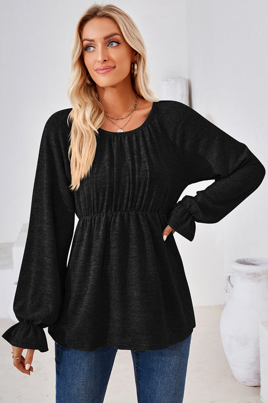 Ruched Round Neck Flounce Sleeve Blouse