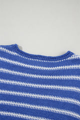 Sky Blue Casual Stripe Round Neck Drop Shoulder Sweater