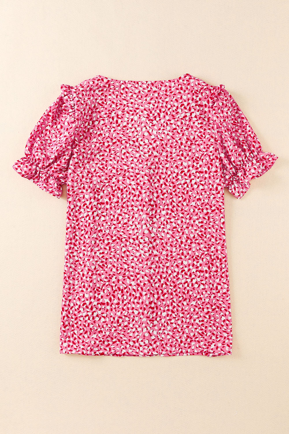 Pink Abstract Print Casual V Neck Ruffle Sleeve Blouse