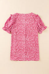 Pink Abstract Print Casual V Neck Ruffle Sleeve Blouse