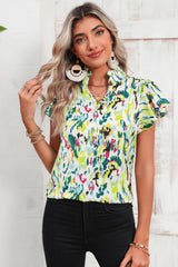 Green Abstract Print Split Neck Ruffle Sleeve Blouse