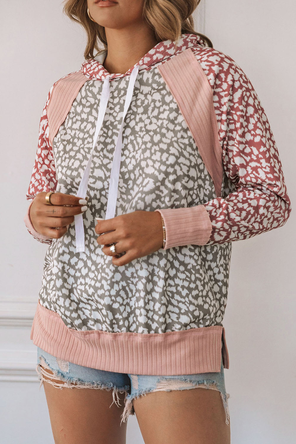 Pink Leopard Casual Rib Knit Long Sleeve Hoodie