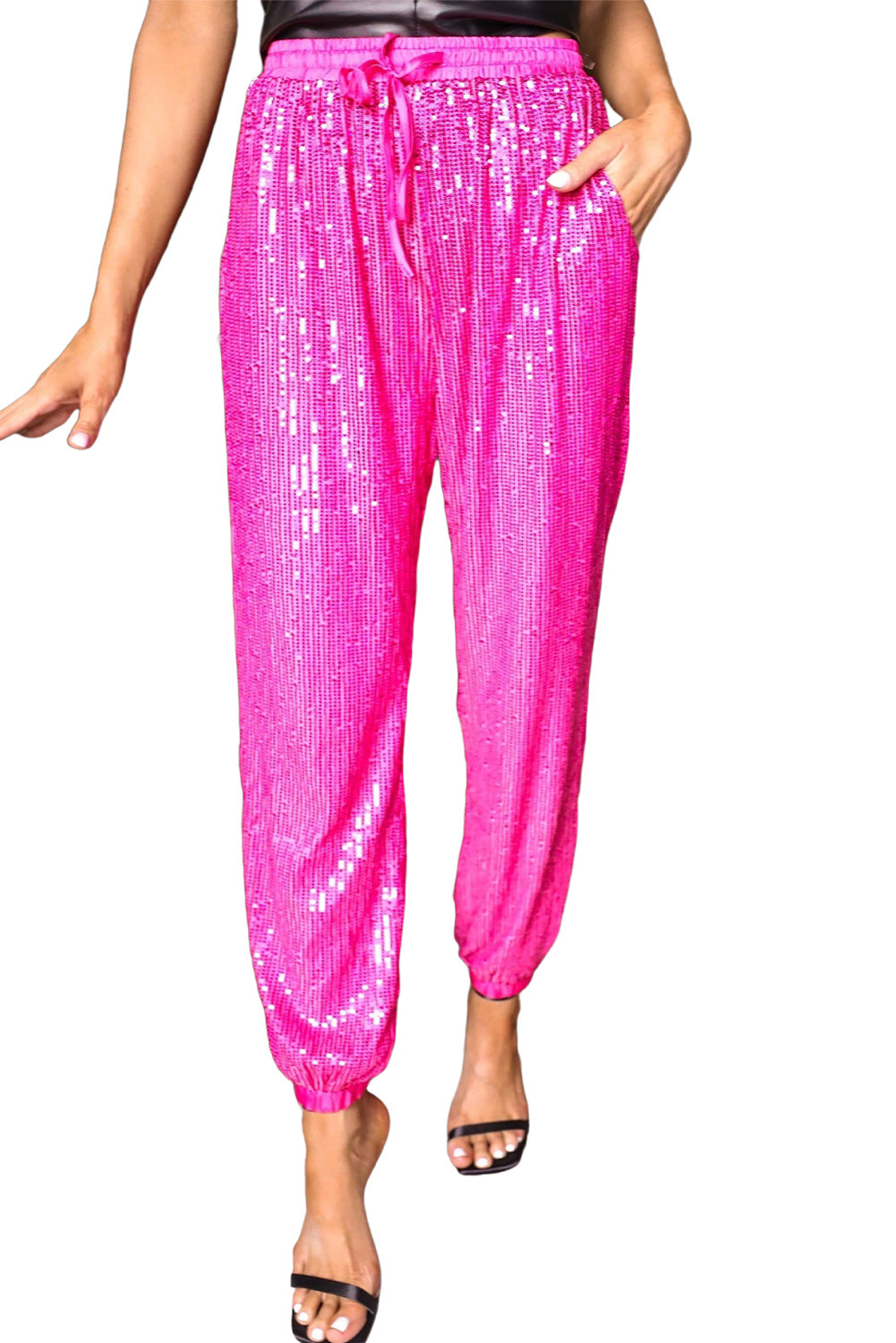 Rose Sequins Tie Elastic Waist Jogger Pants