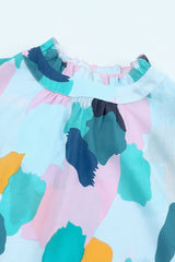 Multicolor Mock Neck Top Ruffle Sleeve Short Sleeve Blouse