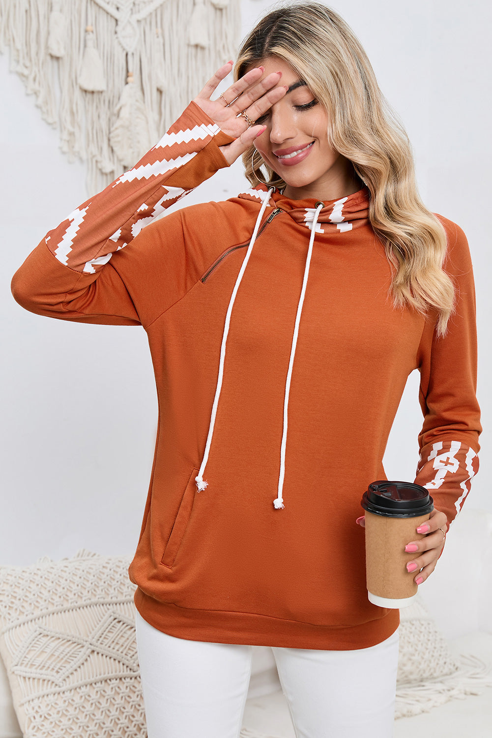 Brown Geometric Pattern Pullover Hoodie with Pockets