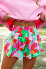 Green Abstract Print Smocked Waist Flared Shorts