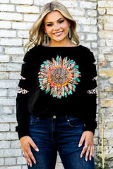 Ripped Sleeve Serape Leopard Sunflower Graphic Sweatshirt