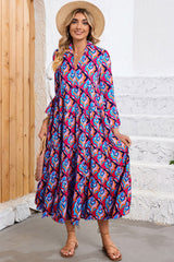 Multicolor Abstract Geometric Print Notch Neck Tiered Boho Dress