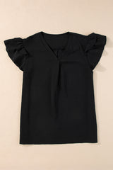 Black Solid Color V Neck Ruffle Short Sleeve Blouse