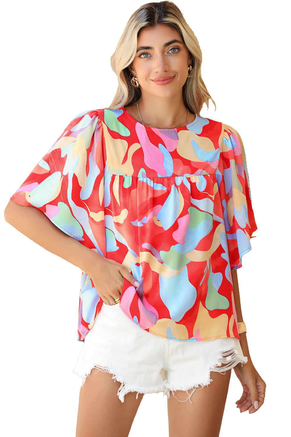 Multicolor Abstract Print Flounce Sleeve Blouse