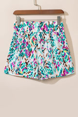 Light Blue Abstract Print Smocked High Waisted Athletic Shorts