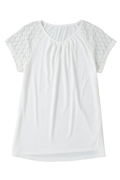 White Contrast Lace Sleeve Keyhole Neck Pleated T Shirt