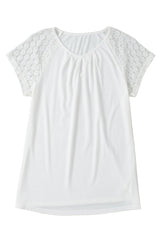 White Contrast Lace Sleeve Keyhole Neck Pleated T Shirt