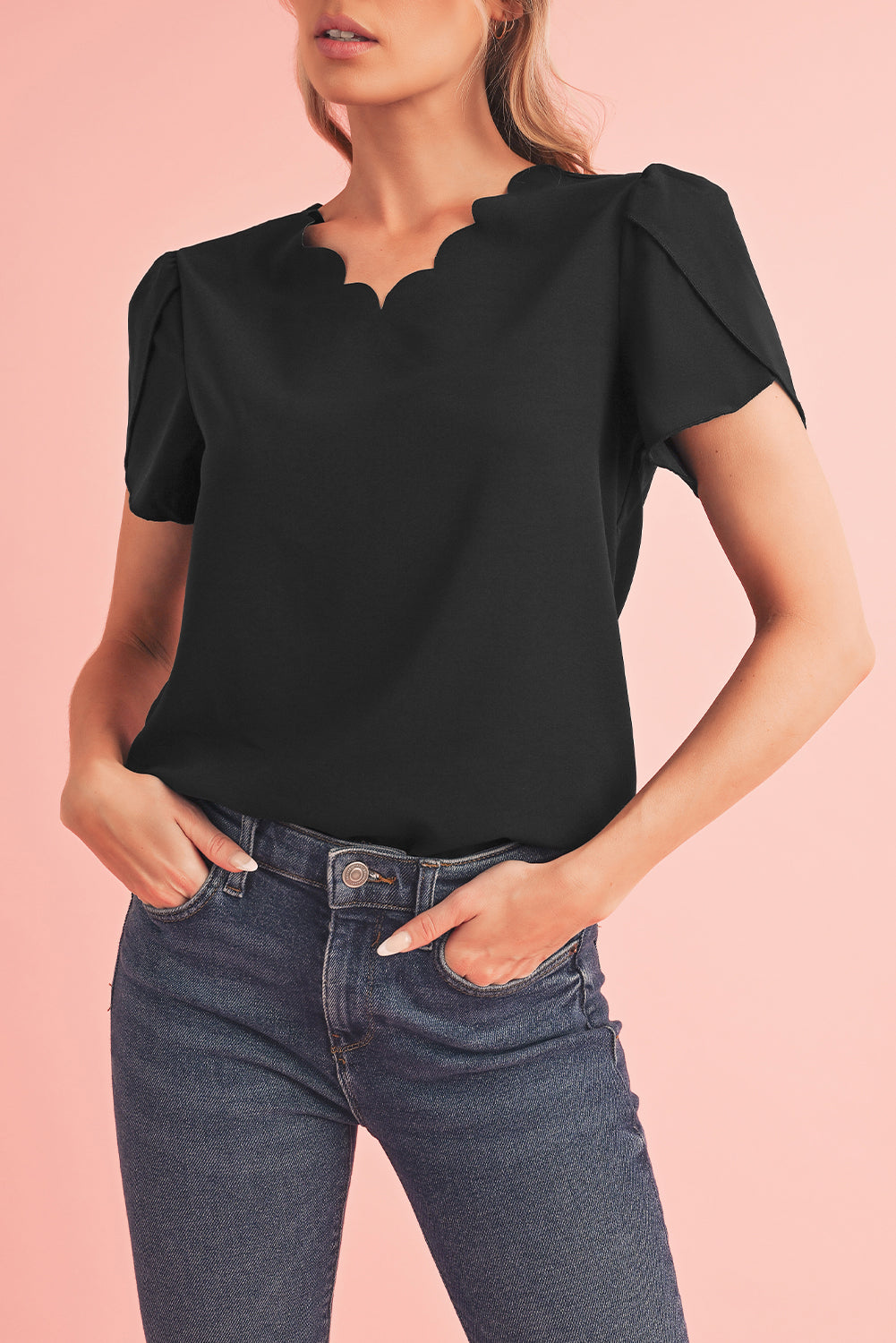 Black Scallop Trim V Neck Petal Sleeve Blouse