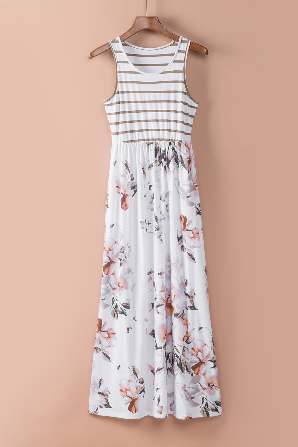 White Boho Stripes & Floral Print Floor Length Tank Dress