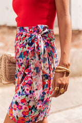 Red Floral Print Wrapped Lace Up Mini Skirt