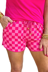 Rose Checkered Drawstring Elastic Waist Casual Shorts