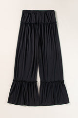 Black Frill Detail Drawstring High Waist Wide Leg Pants